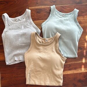 Uniqlo Sleeveless Crop Tops with Built In Bras - Gray, Light Blue, and Tan
